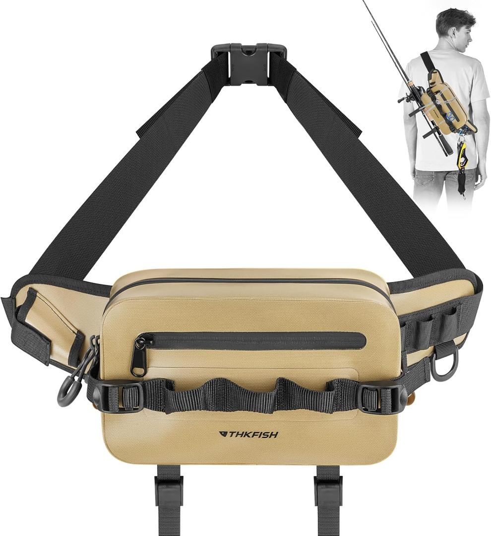 THKFISH Waterproof Fishing Waist Pack with Fishing Rod Holder, Fishing Tackle Bag with Adjustable Strap, Airtight Zipper Closure, Lightweight Sling Fishing Waist Bag for Fly Fishing, Brown