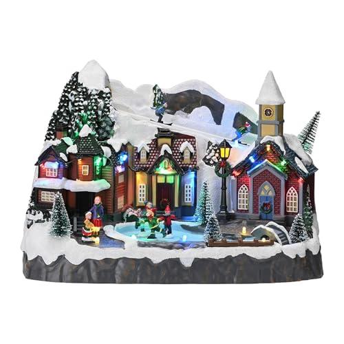 Valery Madelyn Christmas Village Sledding Down Hill, Pre-Lit Lighted Christmas House Large Snow Skating Pond Dynamic Scenes Cottage Decoration Gift for Table Top Decoration 13.3 Inch