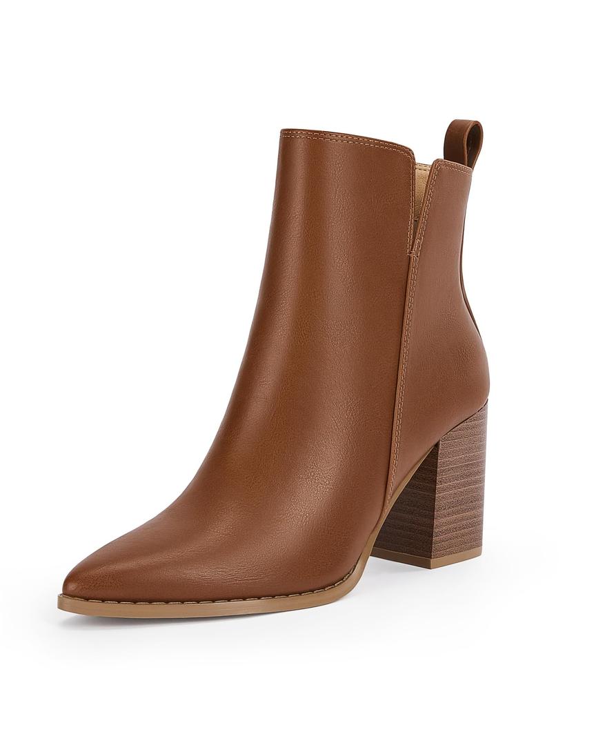 Rilista Womens V Cutout Ankle Boots Pointed Toe Chunky Block Stacked Heel Booties Side Zipper Shoes