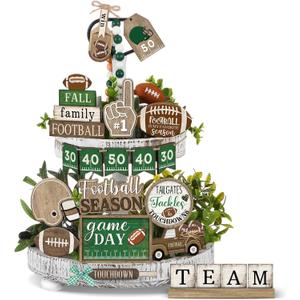 20 Pcs Football Tiered Tray Decoration Football Season Wood Signs Set Rustic Fall Team Game Day Wooden Table Centerpieces Ornament for Fans Rugby Sport Home Theme Party Supplies