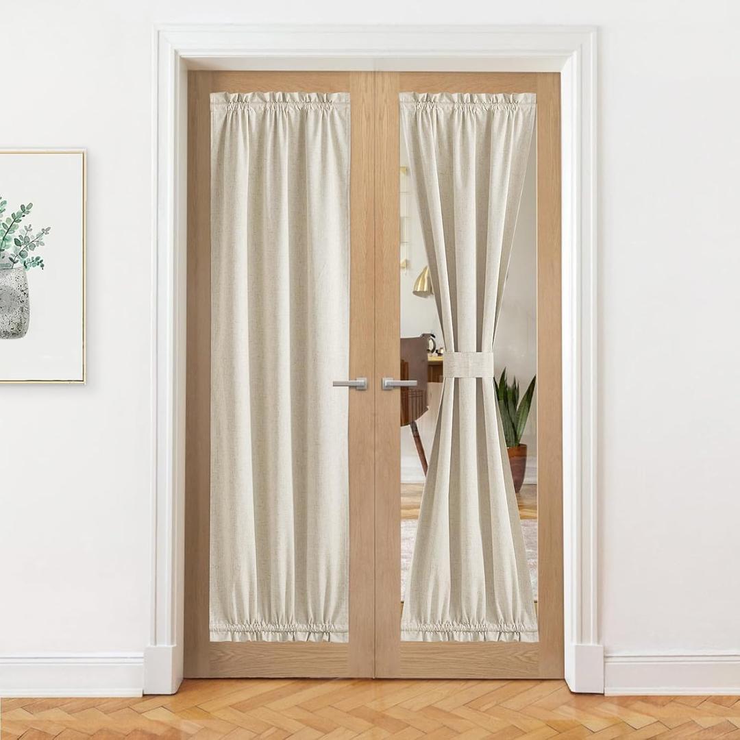 NICETOWN 100% Blackout Linen Curtain for French Front Door Thermal Insulated Door Curtain Panel with Tieback for Patio Glass, Linen Sheer Drapes for Living Room, W25 x L72, 1 PC, Natural Beige
