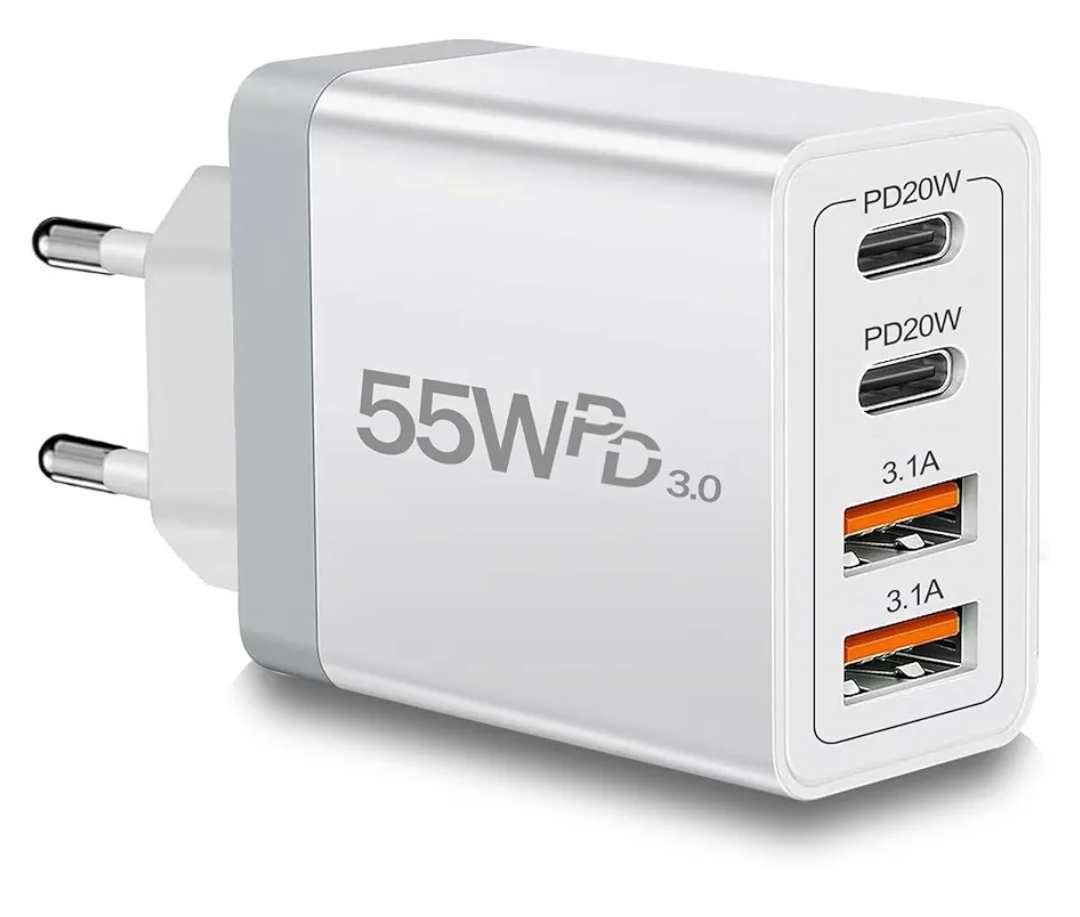 European Travel Plug Adapter USB C, 55W USB C European Charger 4-Port Fast Charger Type C Wall Charger USA to Europe Plug Adapter for iPhone 17 16 15 14 13 12 11 Pro Max X 8, Galaxy, Android