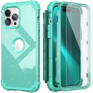 IDweel for iPhone 15 Pro Max Case with Screen Protector for Women, 3 in 1 Shockproof Slim Fit Hybrid Heavy Duty Hard PC Cover Soft Silicone Bumper Full Body Case,Glitter Cyan