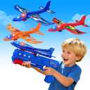 LJZJ 3 Pack Airplane Launcher Toys, 2 Flight Modes LED Foam Glider Catapult Plane, Outdoor Flying Toy for Kids, Birthday Gifts for Boy Girl 3+ Year Old, B-Day Party Supplies