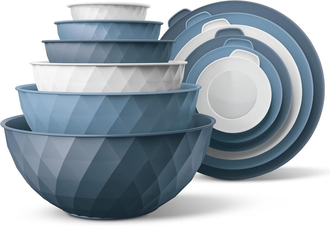 COOK WITH COLOR Mixing Bowls with Lids - 12 Piece Plastic Nesting Bowls Set includes 6 Prep Bowls and 6 Lids, Microwave Safe Mixing Bowl Set, Denim Diamond