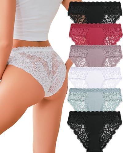 ALL OF ME Sexy Underwear for Women Lace Bikini Panties Low Rise Cotton Hipster Stretch Ladies Cheeky Panty 6 Pack, Large 