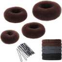 YaFex Hair Bun Maker Kit, Donut Bun Maker 4 Pieces (Large, Medium and Small), 6 Pieces Elastic Hair Ties, 20 Pieces Hair Bobby Pins, Brown