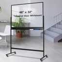 TSJ-OFFICE Rolling Clear-Glass Whiteboard on Wheels - 48" x 32" Mobile Dry Erase Board with Stand, Large Rolling White Board with 25 Sheets Paper Pad, Transparent Tempered Glass Board for Home Office