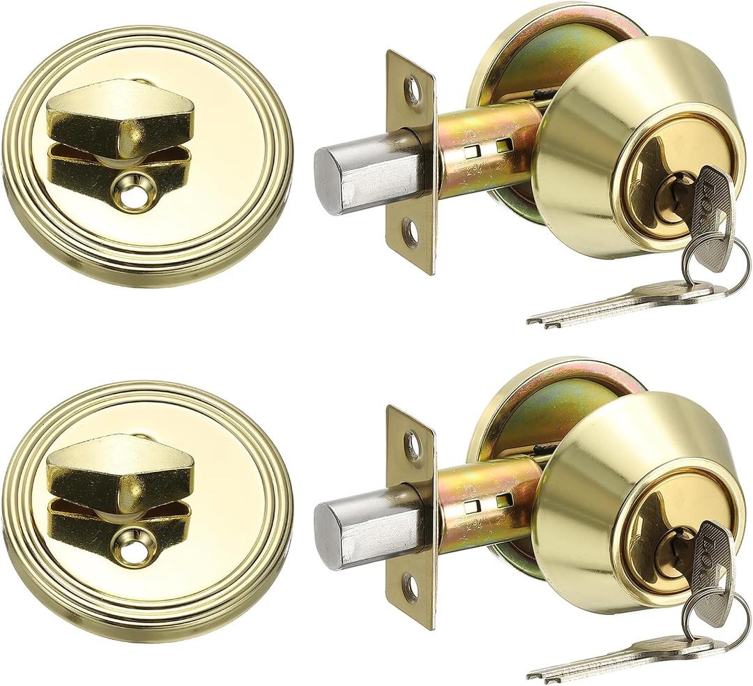 MECCANIXITY Keyed Alike Single Cylinder Deadbolt Door Lock Round Entry Front Door Handle Sets for Door Thickness 1.2-2 Inch (Gold Tone, Pack of 2)