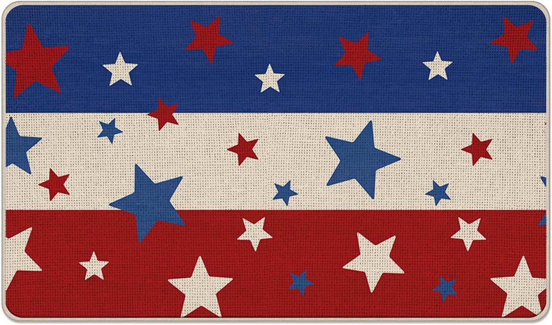 4th of July Patriotic Decorative Front Door Mat, America USA Stars Doormat Indoor Outdoor Non-Slip Floor Entryway Rug, American Blue White Red Stripes Home Kitchen Decoration 17x29 Inch