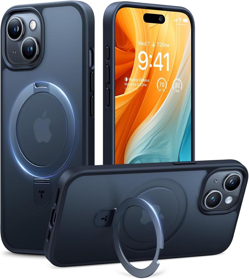 TORRAS Magnetic Kickstand for iPhone 15, 14, 13, & 16e Case [Fit for MagSafe][Sturdy & Versatile Stand] Military-Grade Shockproof Translucent Slim Protective Anti-Fingerprint Anti-Scratch, Black