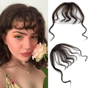 VAVANGA Curly Bangs Hair Clip Real Human Hair Kinky-Curly Ins Bangs French Bang Dark Brown Wavy Curl Fringe Wispy Bang Hair Piece Extension for Women