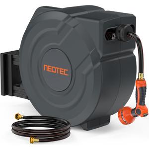 NEOTEC Retractable Garden Hose Reel 5/8 inch x 90ft - Wall Mounted Heavy Duty Hose Reel with 3/4 Inch Brass Fittings & 9-Pattern Nozzle - Auto Rewind System, Any Length Lock, 180 Swivel Bracket