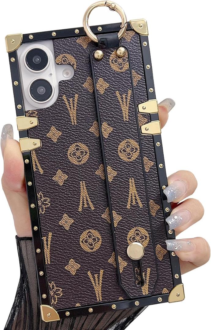 Compatible with iPhone 16 Case Luxury Designer for Women Girls,Rectangle Leather with Wristband Strap Kickstand Holder Protective Phone Cover for iPhone 16-6.1 inch (Brown)