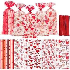 100 Pcs Valentine Treat Bags - Red Heart Cellophane Goodie Bags, Clear Plastic Happy Valentine's Day Cello Candy Gift Bag With Twist Ties for Wedding Anniversary Party Favors Supplies
