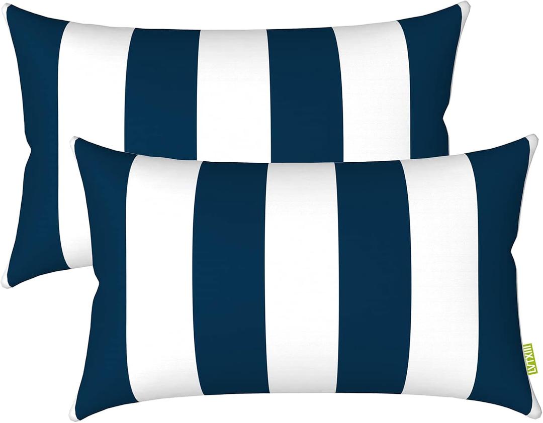 LVTXIII 1220 Inch Outdoor Lumbar Pillows, Pack of 2 Water Repellent Lumbar Pillow with Inserts, Fluffy Decorative Garden Lumbar Cushions for Home Patio Coach Sofa Use, Cabana Navy