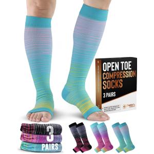Doctor's Select 3 Pairs Copper Toeless Compression Socks for Men - 20-30 mmHg Open Toe Compression Socks No Toes, Knee High, Line Patterns (Large-X-Large)