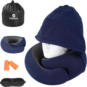 Travel Pillow - Hooded Neck Pillow Airplane Memory Foam Filling for Plane, Office, Cars Sleeping, Road Trip, Long Flights, Portable Plane Accessories, Includes Eye Mask & Earplugs (Navy)
