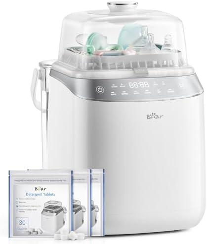 Bear Baby Bottle Washer Sterilizer Dryer All-in-One, 90 Detergent Tablets | Fits Bottles Pump Parts & Feeding Essentials, Deep Clean, Steam Sterilize & Fast Dry, Time-Saving Hands-Free