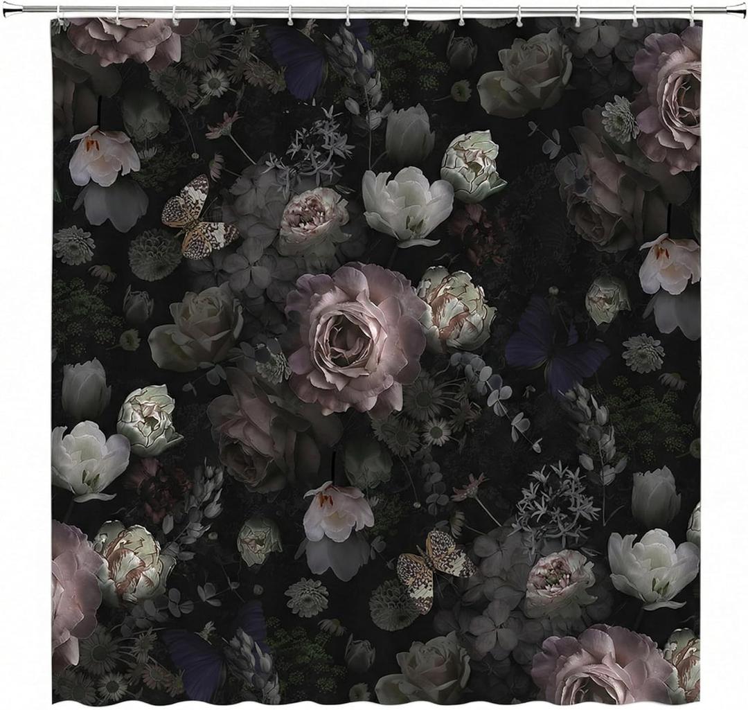 Black Floral Shower Curtain Retro Flower Blossoms Rustic Rose Watercolor Peony Vintage Boho Gothic Spring Plant Leaves Fabric Bathroom Decor Set with Hooks(70" WX70 H)