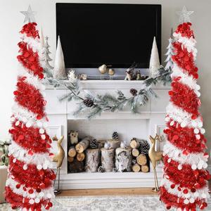 CCINEE 5ft Red Pop up Christmas Tree, Skinny Glittery Tinsel Artificial Collapsible Snowflake Sequin Pencil Tree for Holiday Party (Red and White)