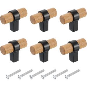 uxcell 6 Pcs T Bar Wooden Drawer Pulls Wood Single Hole Dresser Drawer Knobs Furniture Dresser Pull Handles with Screws for Home Kitchen Room Closet Cupboard, Beech Wood/Black