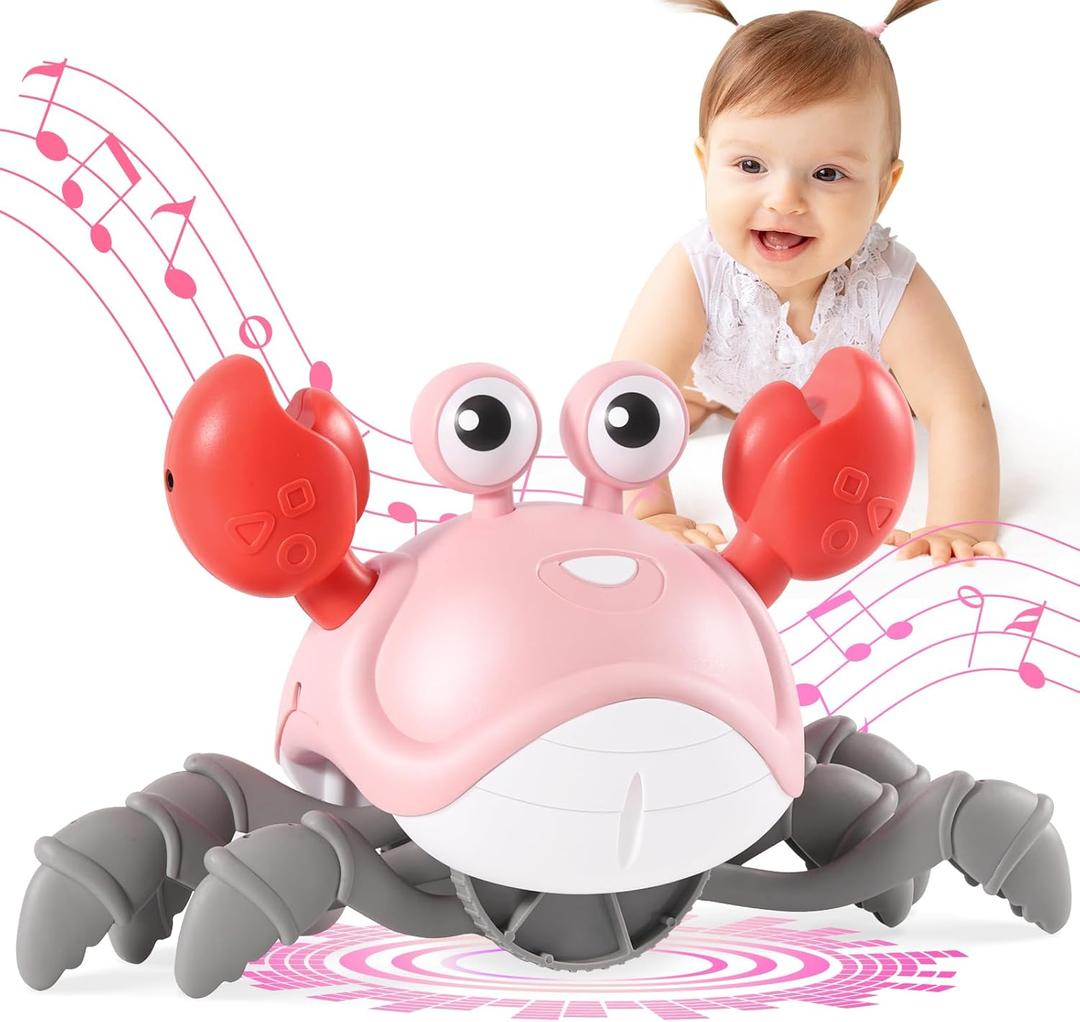 Gigilli Crawling Crab Baby Girl Toys, Tummy Time Baby Toys 6-12-18 Month, Infant Learning Crawl Walking Dancing Crab with Music&Speed Control for 3 4 5 6+ Girls Year Valentines Birthday 1 2 3 Gifts (Pink&white)