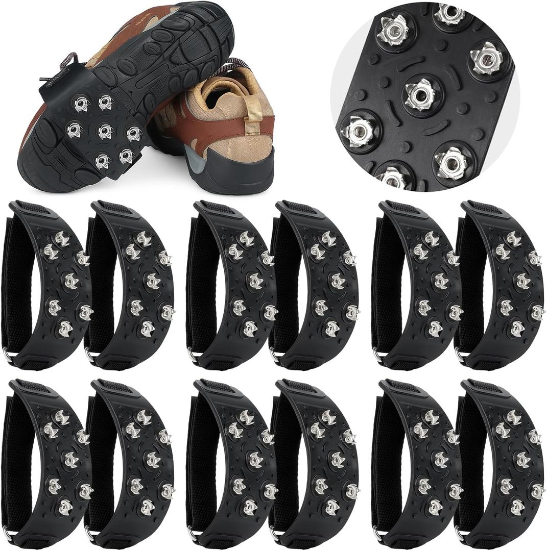 JolliLudo 6 Pairs Ice Cleat Anti Slip Crampon with Adjustable Straps Gripper Spike Traction Cleats Ice Tungsten Studs for Secure Walking Jogging Hiking (7 Spikes)