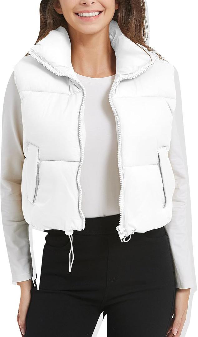 Flygo Puffer Vest Women Cropped Vest Zip Up Stand Collar Sleeveless Lightweight Winter Down Vests Jacket (XX-Large, White)