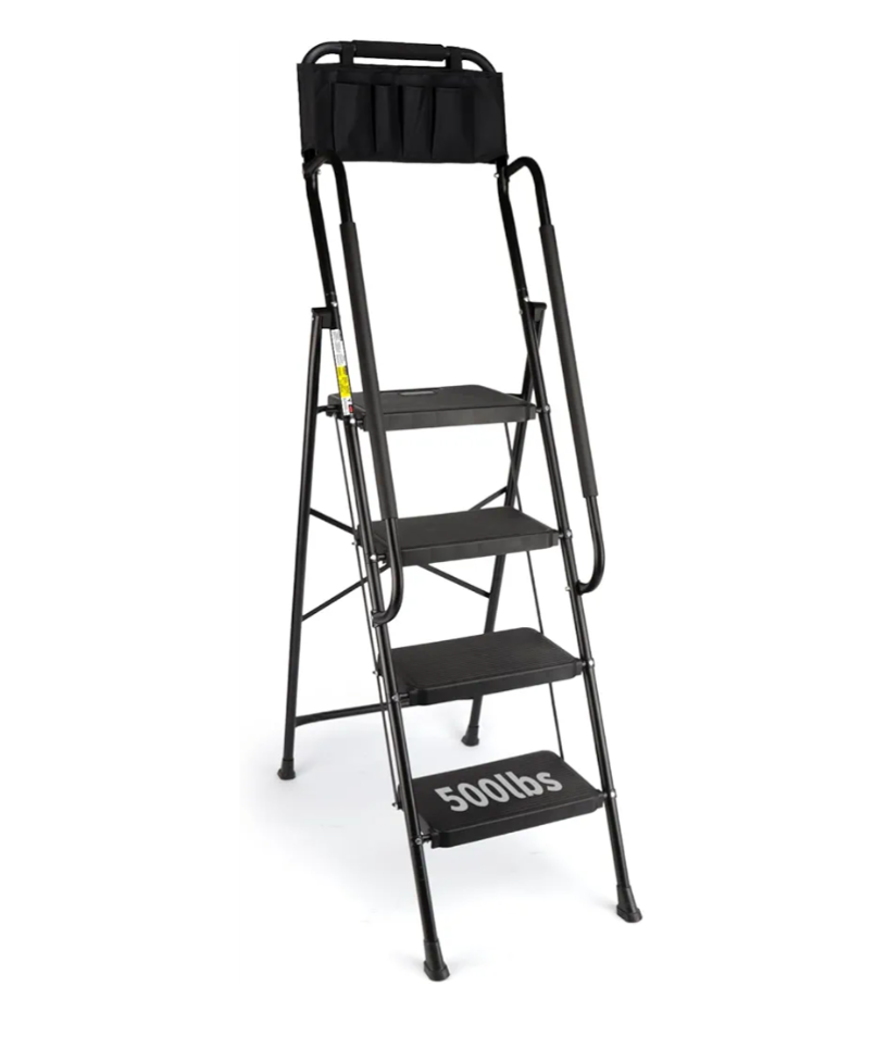 Valeo 4 Step Ladder with Handrails,500 Lbs Capacity,Folding Step Stool Ladder with Attachable Tool Bag,Lightweight & Storage Step Ladder 4 Step Folding,Multi-use for Home,Kitchen,Office,Black