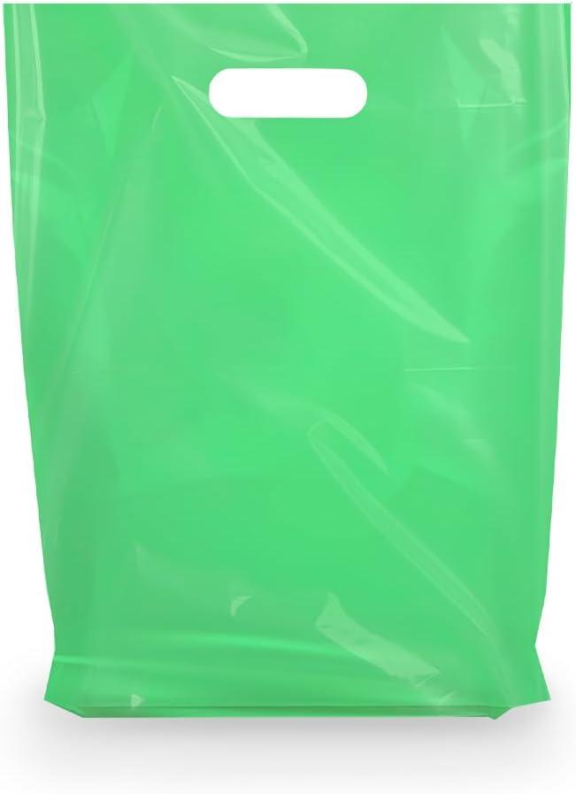 Retail Plastic Merchandise Bags, Die Cut Handles, Strong, Tear Resistent, different Sizes and Colors. Perfect for Retail Stores, Parties or Any Events. Packs 100/200/500 (100, Green, 15x18)