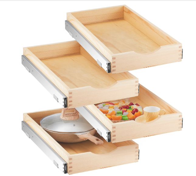 4 Pack Wooden Pull out Tray Cabinet Organizer, 12'' X 21''
Gentle Close Roll out Shelves for Kitchen Cabinets, Fully Assembled Slide Pantry Shelves