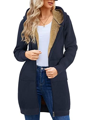 HEEKPEK Womens Hoodies Heavyweight Sweatshirts Casual Zip up Fleece Lined Hoodies Tunic Hooded Sweatshirt Long Hoodie Jacket Winter Coat with Pockets Navy Blue, Size XL