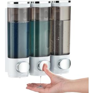 Shampoo and Conditioner Dispenser, Pollock Shower Soap Dispenser 3 Chamber No Drill, Wall Mounted Shampoo Body Wash Conditioner for Bathroom Large Capacity, White