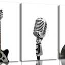 Black And White Music Canvas Wall Art Vintage Musical Instruments Posters Prints Guitar Microphone Record Painting Pictures for Music Room Wall Decor Musical Studio Decor Living Room Framed, 24"L x 16"W