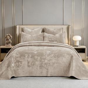 Quilt Set Oversized King Size 120x120 Luxurious Velvet Bedding Sets with 2 Pillow Shams 20x36 3 Pieces Ultra Soft Quilted Striped Bedspread Coverlet Comforter for All Season,Beige | for sensitive skin, no pilling, machine-washable, Pet Friendly, All Season