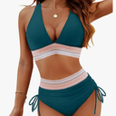 Blooming Jelly Women High Waisted Bikini Sets Tummy Control Swimsuits Color Block Two Piece Drawstring Bathing Suit, Size L