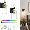 Battery Operated Wall Sconce Set of 2, Black and Gold Sconce Lighting with Clear Glass Lampshade, Rechargeable Battery Powered Wall Light with Remote Control for Bedside Bedroom Doorway