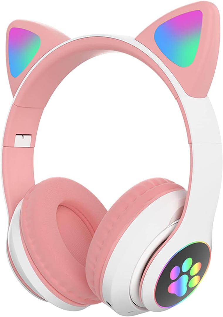 Kids Bluetooth Wireless Over-Ear Cat Ear Headphones with Microphone for Kids Teens Adults (Pink)