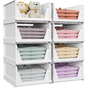 SNSLXH 8 Pack Stackable Closet Storage Bins, Multifunctional & Foldable Closet Organizers and Storage for Bathroom Kitchen Laundry Room Drawer Shelf Storage, Space-Saving Wardrobe Organizer, White