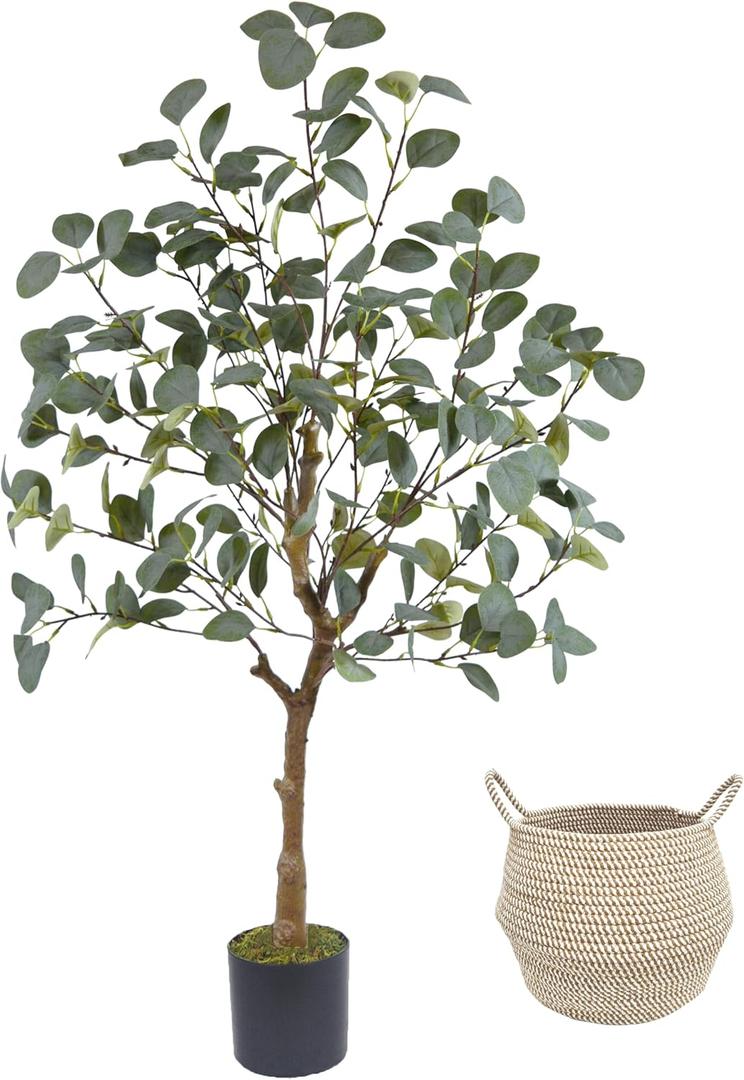 Warmplants Artificial Eucalyptus Tree, 4ft Tall Green Silk Leaves Perfect Faux Plant with Basket, Mordern Fake Eucalyptus Trees for Indoor Outdoor Home Office Livingroom Floor Dcor
