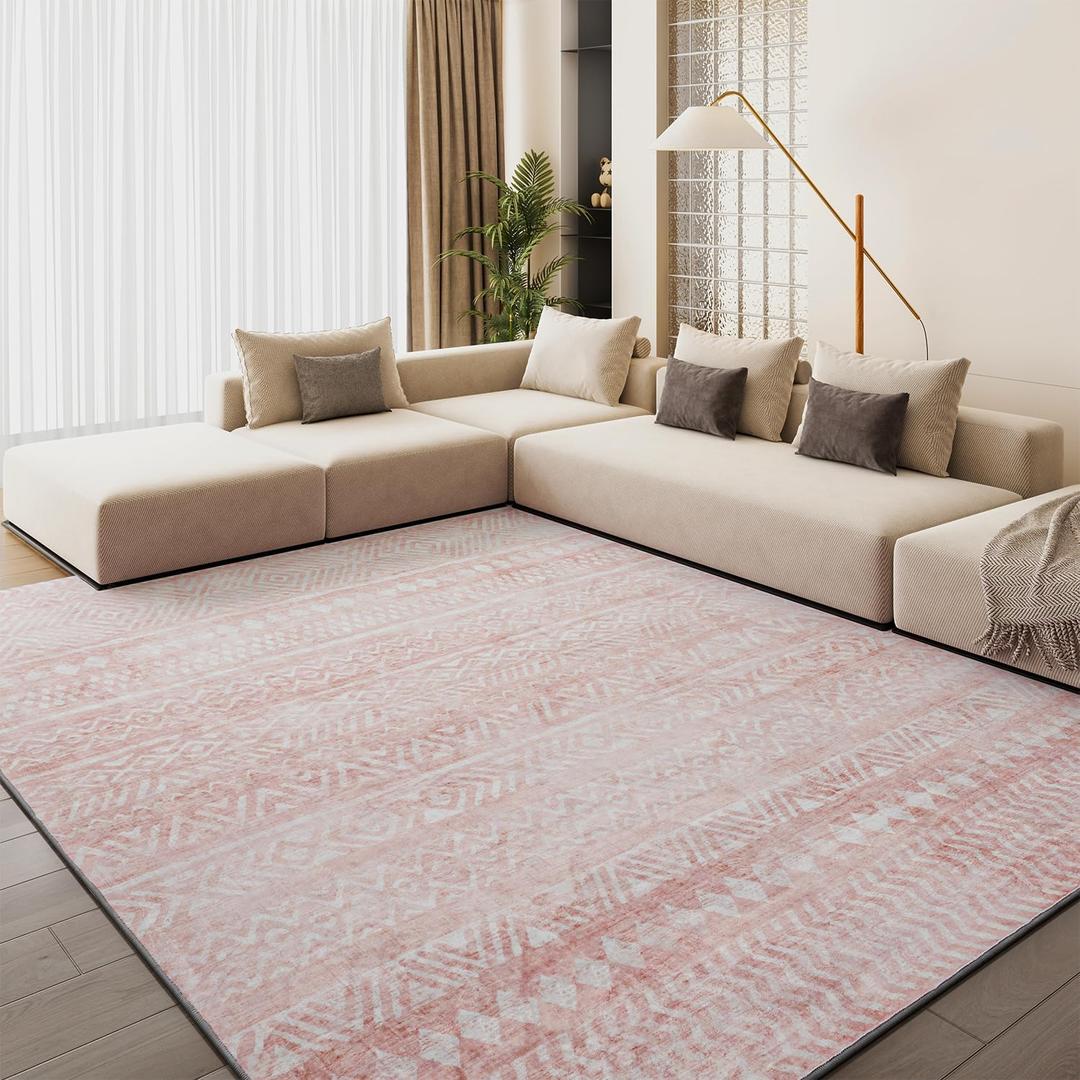 Engiw Pink Boho 8x10 Area Rugs for Nursery Playroom Soft Rugs for Living Room Bedroom Dining Room Washable Non Slip Cozy Neutral Rug for Kids Baby Girl Princess Toddler