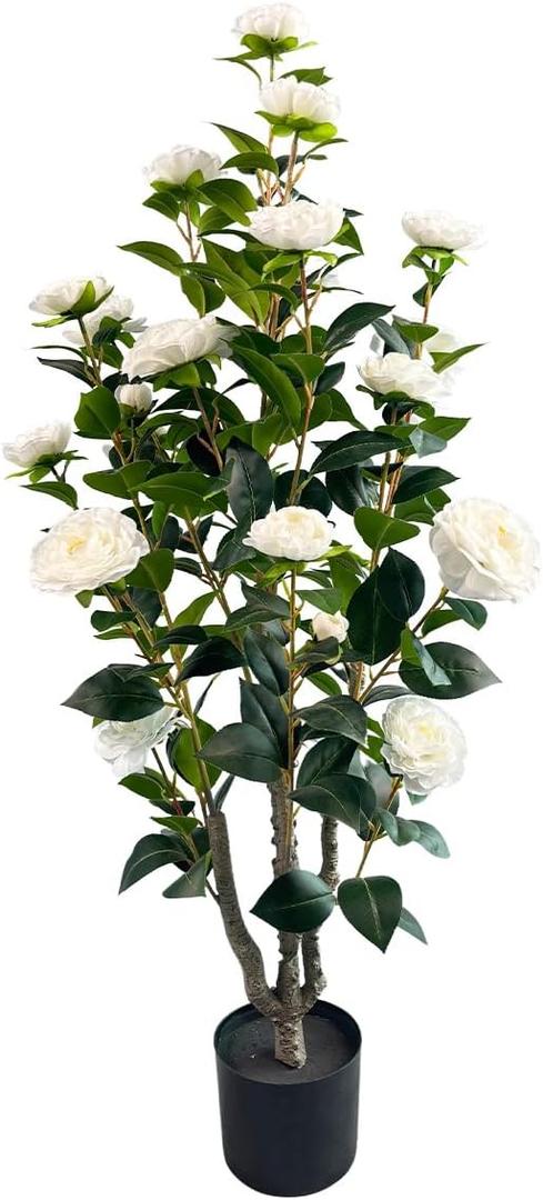 3.4ft Artificial Camellia Tree | White Flowers & Green Leaves | Indoor Outdoor Decor, No Maintenance (1 Pack - White)