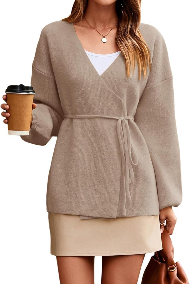 Saodimallsu Womens Wrap V Neck Cardigan Sweaters Tie Front Long Sleeve Soft Knit Dressy Work Fall Sweater Blazer (Small, Khaki)