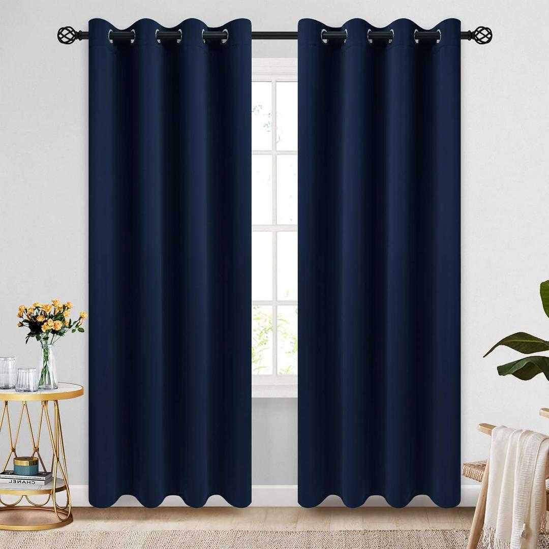COSVIYA Grommet Blackout Room Darkening Navy Blue Curtains 90 inch Long, Thick Polyester Light Blocking Insulated Thermal Window Curtain Drapes for Bedroom/Living Room,2 Panels,52x90 inches
