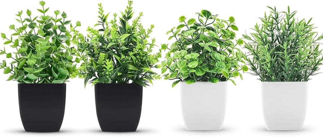 Bundle of 2 Pack Small Fake Plants Black and 2 Pack Fake Plants Small Artificial Greenery Indoor for Home Farmhouse Bathroom Shelf Decor