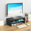 TEAMIX 2 Tiers Wooden Desktop Monitor Stand Riser 20 Inch Printer Stand with Double Storage Small TV Riser Laptop Keyboard Holder Business Desk Organizer Shelf Black Bookshelf