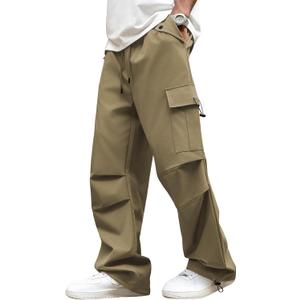 ZAFUL Baggy Cargo Pants for Men Casual Stretch Elastic Drawstring Parachute Pants Loose Fit Joggers with Multi Pockets (X-Large, Deep Khaki)