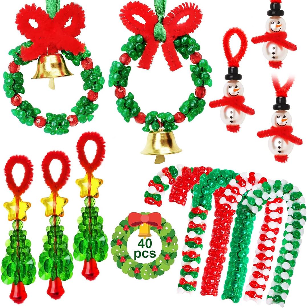 AWHETIE Christmas Crafts for Kids Adults,40 Sets Beaded Ornament Kit,Including 20 Pcs Wreath with Bell/5 Pcs Snowman/5 Pcs Christmas Tree/10 Pcs Candy Cane,Holiday Tree Decorations