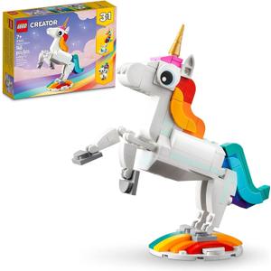 LEGO Creator 3 in 1 Magical Unicorn Toy, Transforms from Unicorn to Seahorse to Peacock, Rainbow Animal Figures, Unicorn Gift for Grandchildren, Girls and Boys, Buildable Toys, 31140